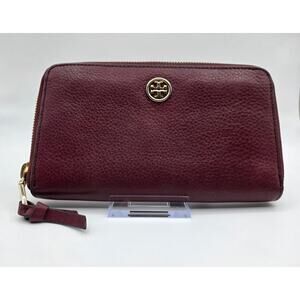 Tory Burch Burgundy Pebbled Leather Large Zip Around Wallet Double T Logo
